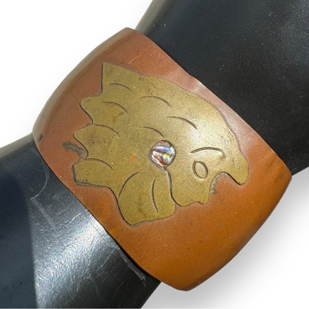 Vintage Mexican Brass and Copper Abalone Inlaid Cuff Bracelet